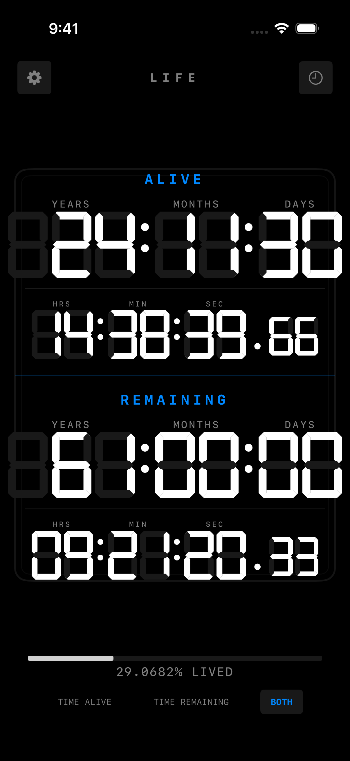 Life Timer Dark Mode showing both alive and remaining timers