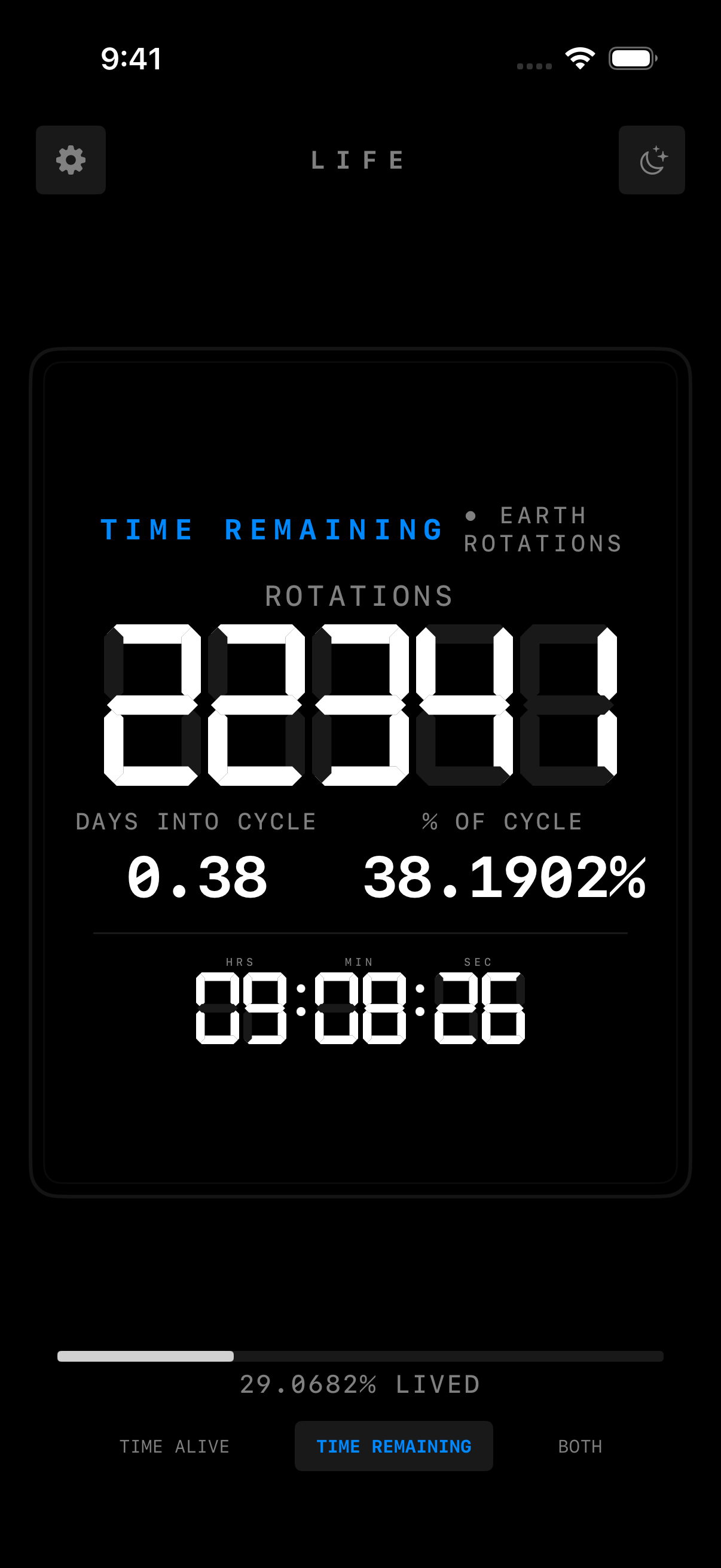 Life Timer showing Earth Rotations astronomical display