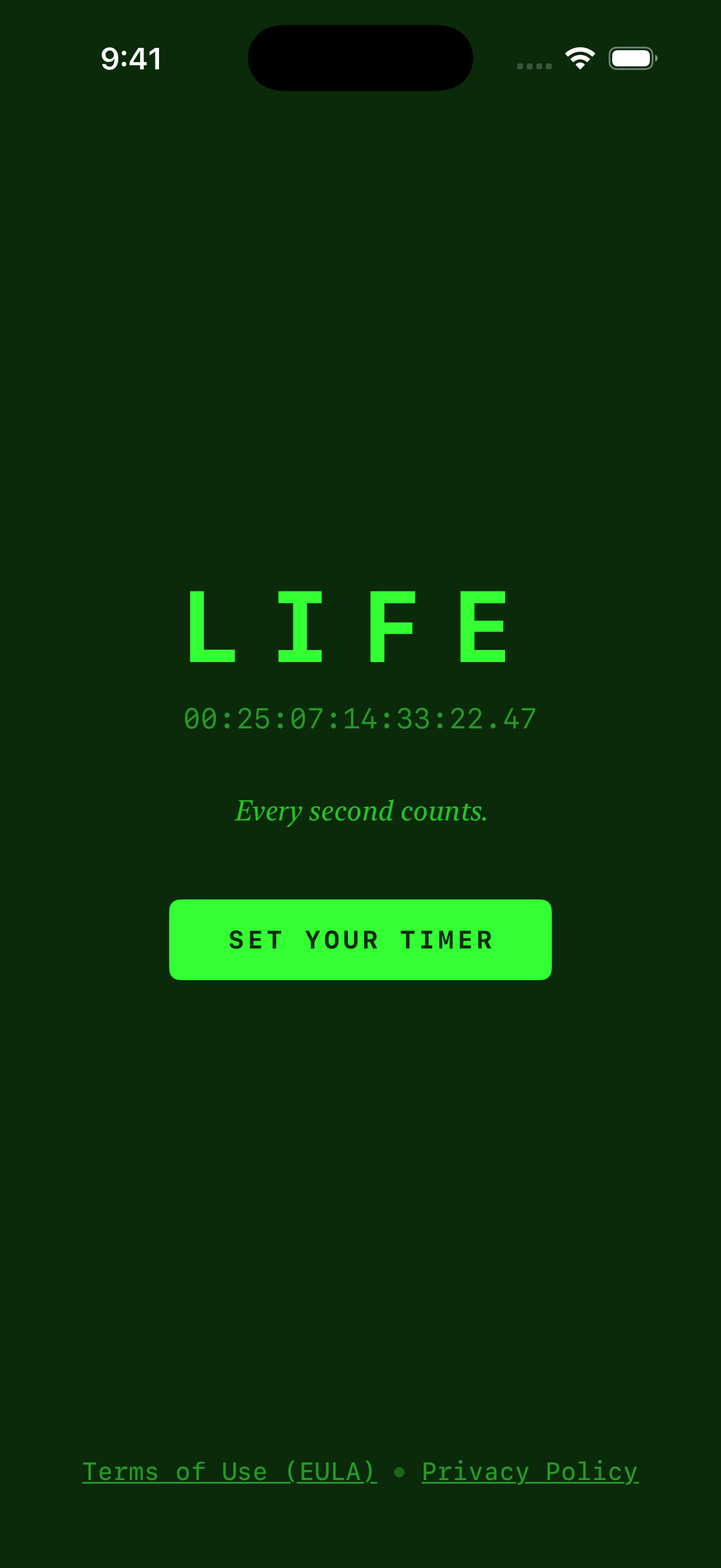 Life Timer onboarding screen — LIFE title with Set Your Timer button