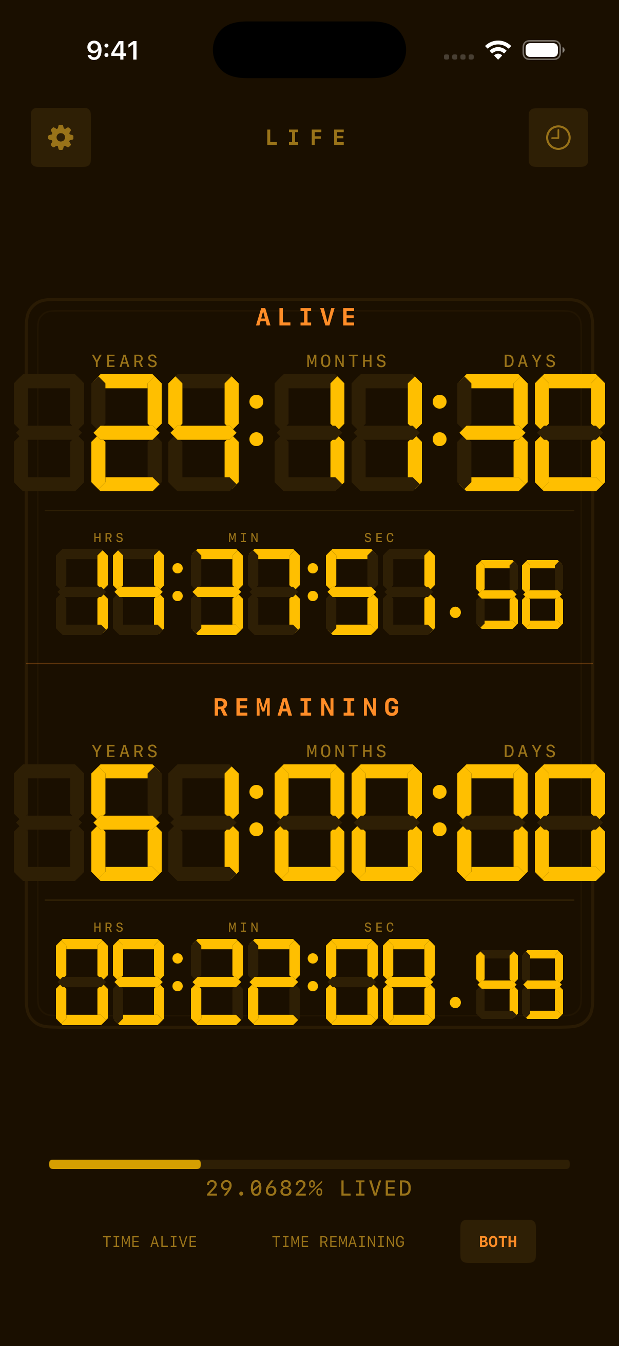 Life Timer Retro Amber theme showing time alive and time remaining