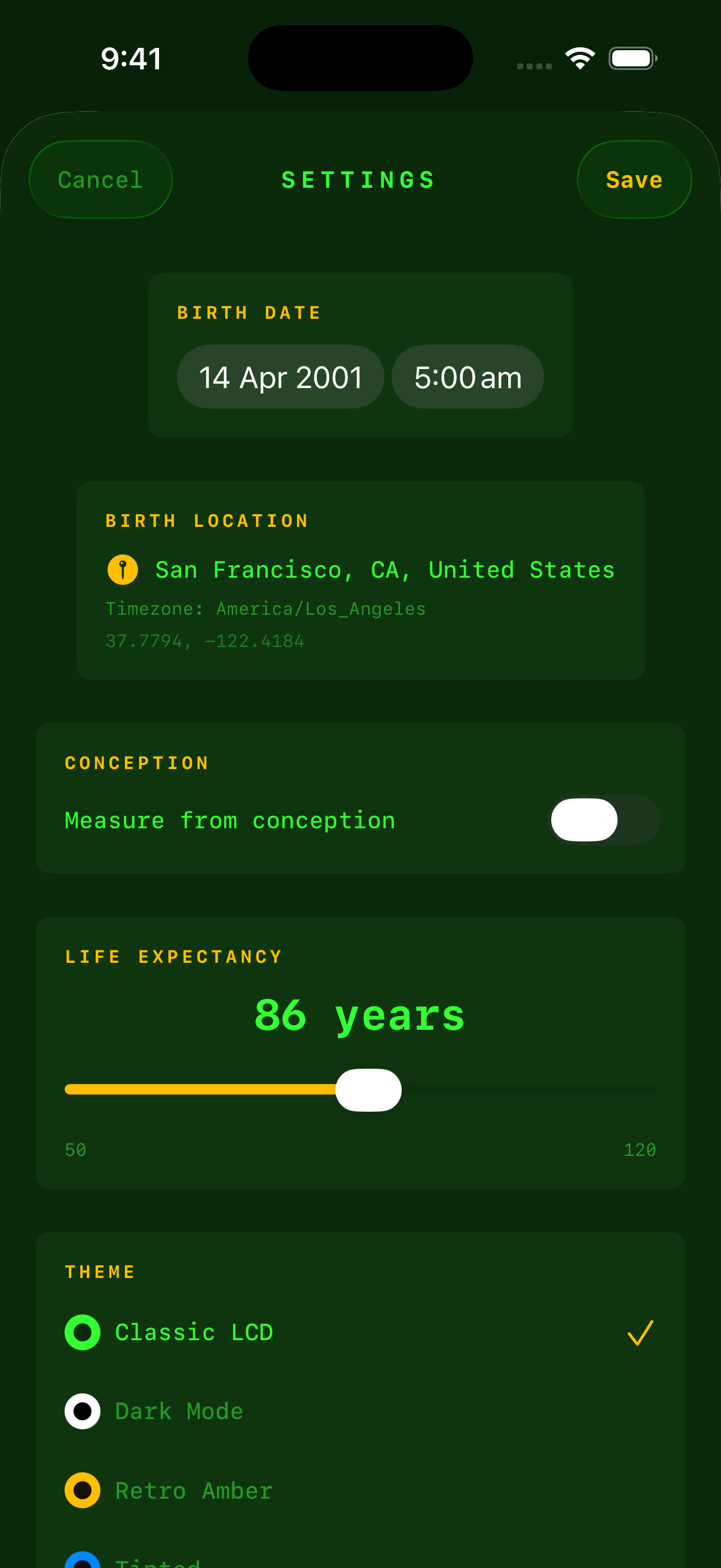 Life Timer settings screen with birth date, location, and theme options