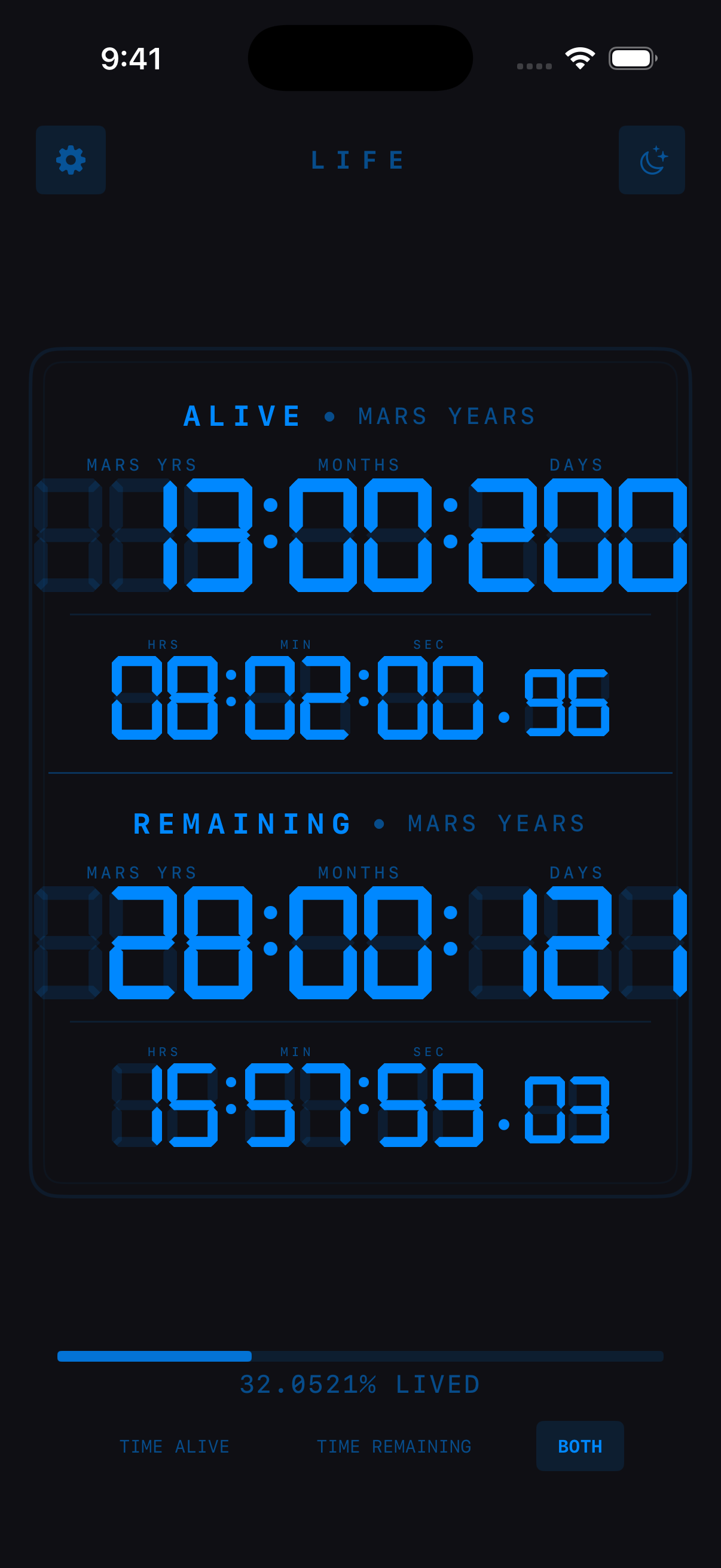 Life Timer Tinted theme showing Mars Years astronomical display